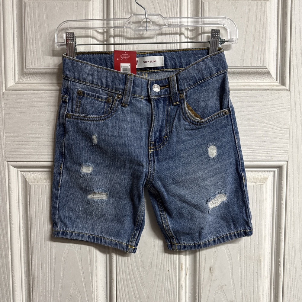 Levi's Boys 511 Slim distressed Denim Shorts Blue 8 Adjustable Waist Pockets